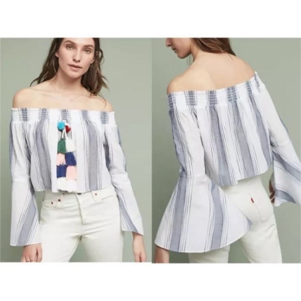 Anthropologie Lilka White/Blue Striped Pom-Pom Bell Sleeve Cropped Top